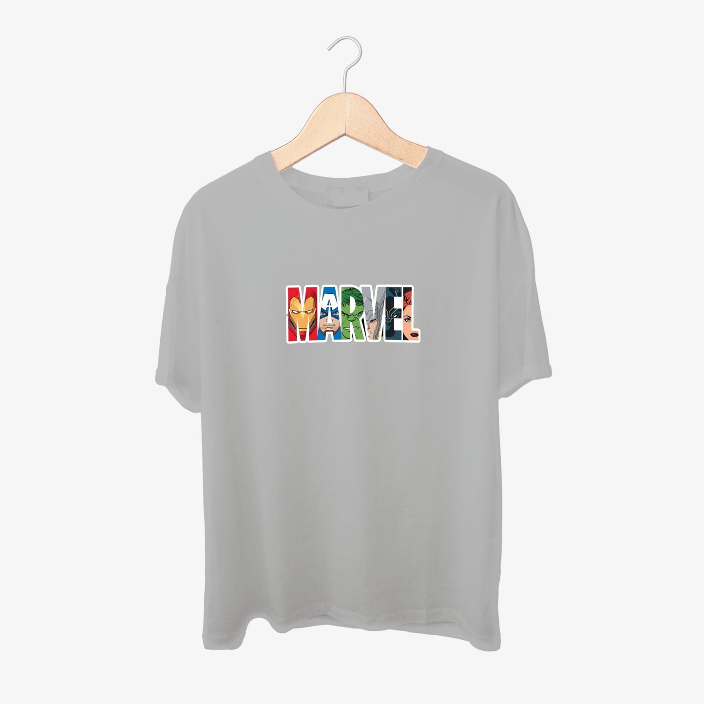 Marvel Logo with Heroes Faces Print Round Neck Shirts