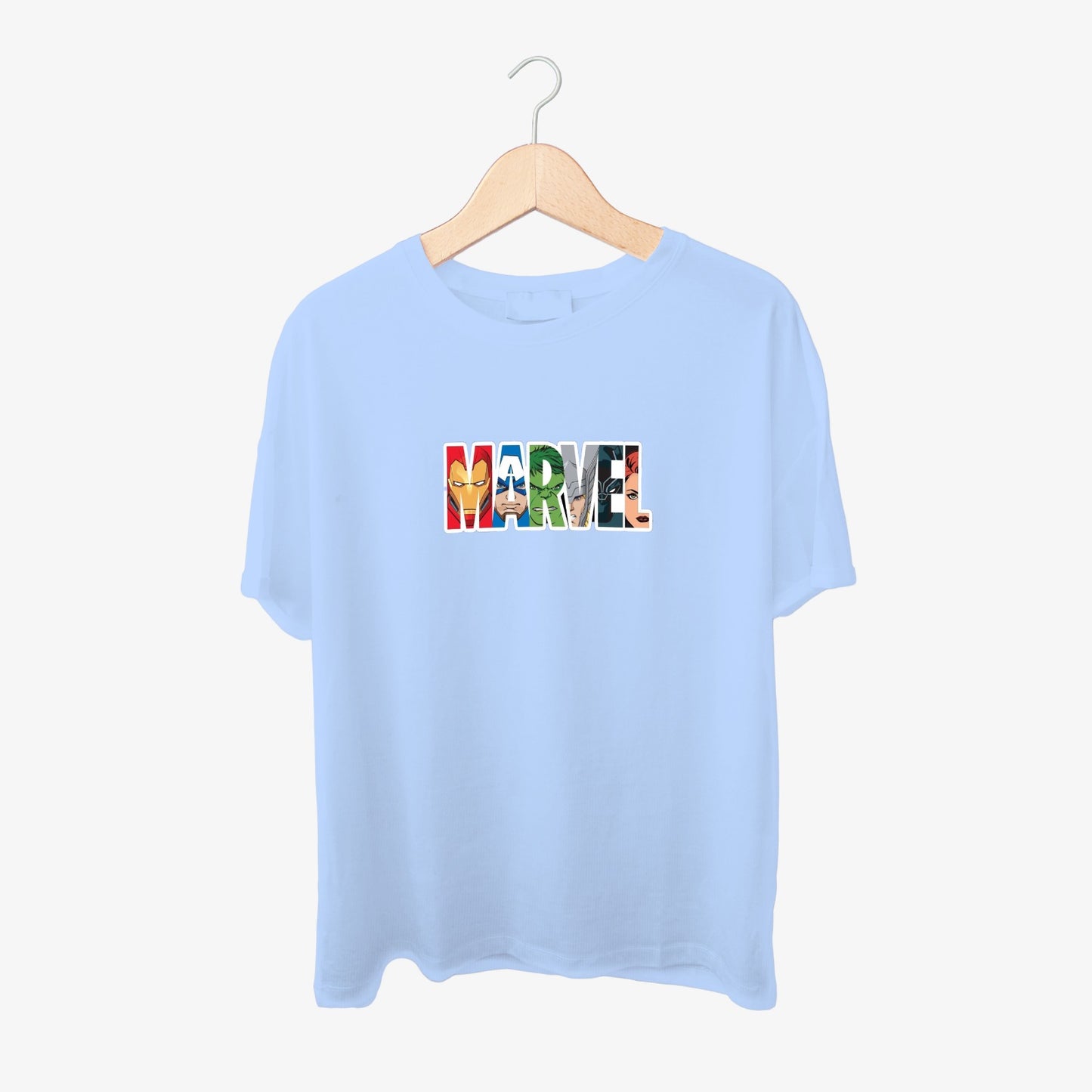 Marvel Logo with Heroes Faces Print Round Neck Shirts