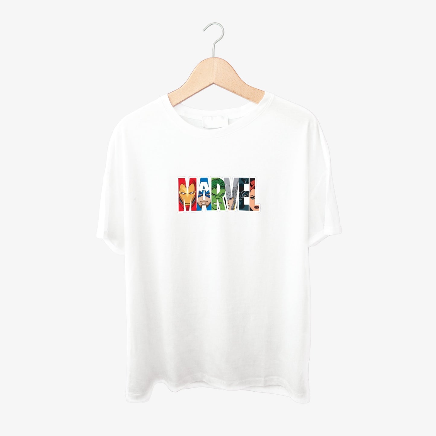 Marvel Logo with Heroes Faces Print Round Neck Shirts