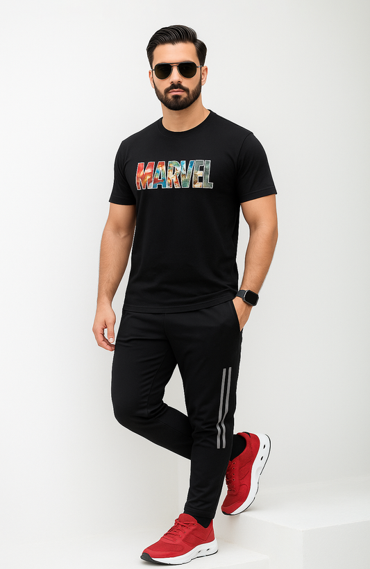Marvel Logo with Heroes Faces Print Round Neck Shirts