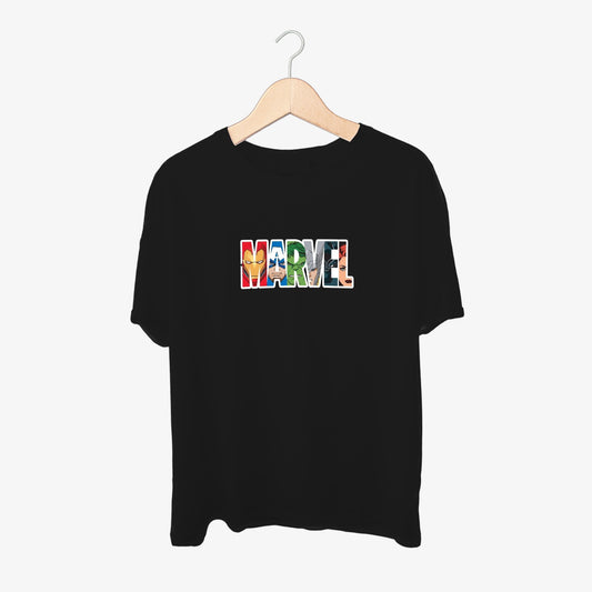 Marvel Logo with Heroes Faces Print Round Neck Shirts