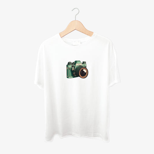 Vintage 3D Camera Print Round Neck Shirt